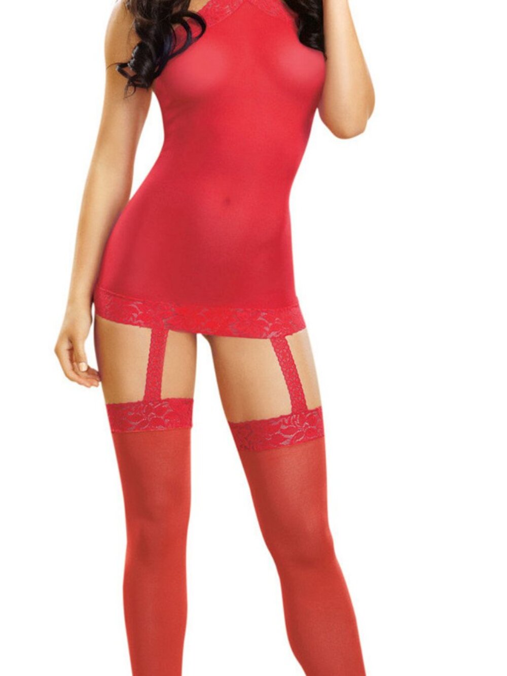Dreamgirl Semi-Sheer Halter Garter Dress Lace Trim Stockings O/S W/ Free Gift
